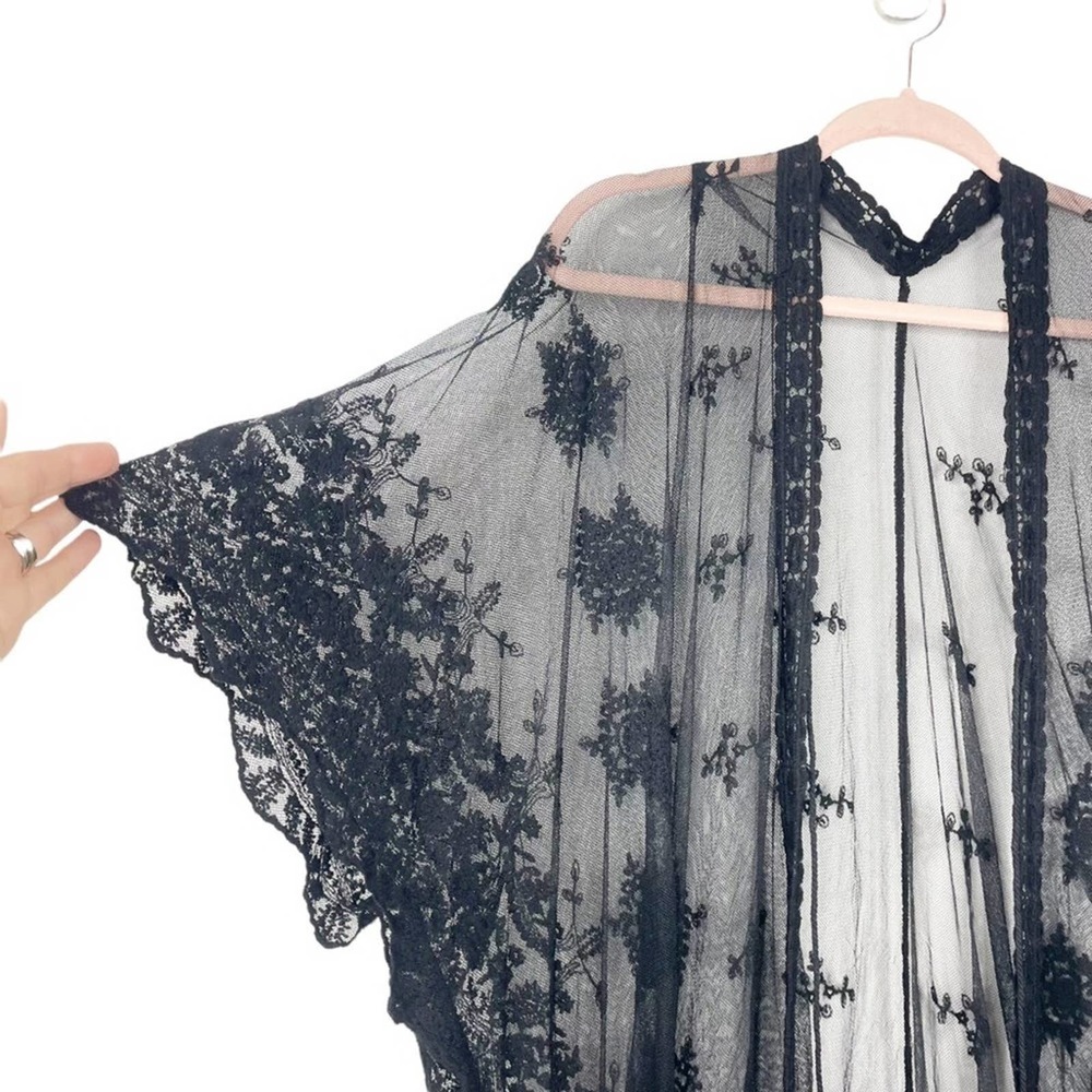 Boho Gypsy Beach Goddess Swim Cover Up Black Maxi Dress Duster Tie Front - Picture 10 of 13